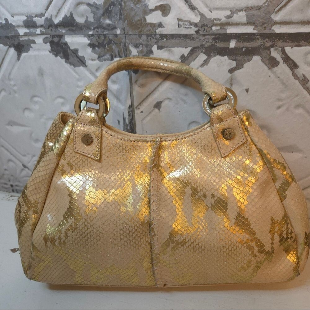 Vintage Donald J. Pliner Bag Animal Print Gold/Pink Metallic Snakeskin Bag - Picture 14 of 16